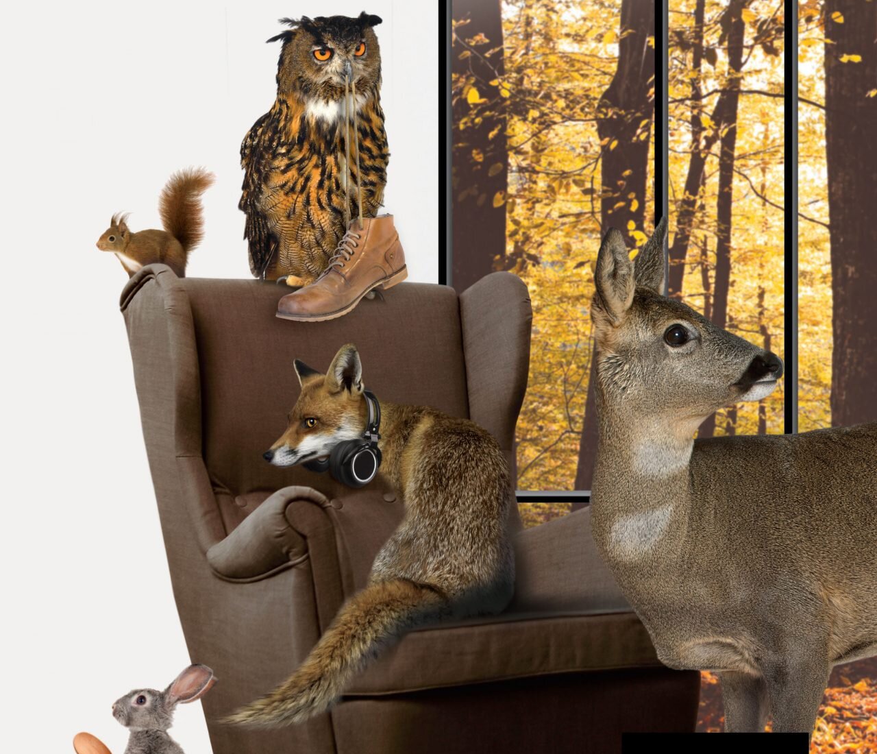 Poster voor nieuwbouwproject Denderode met bosdieren die zich nestelen in een woonkamer onder de slogan 'Verwelkom de natuur'