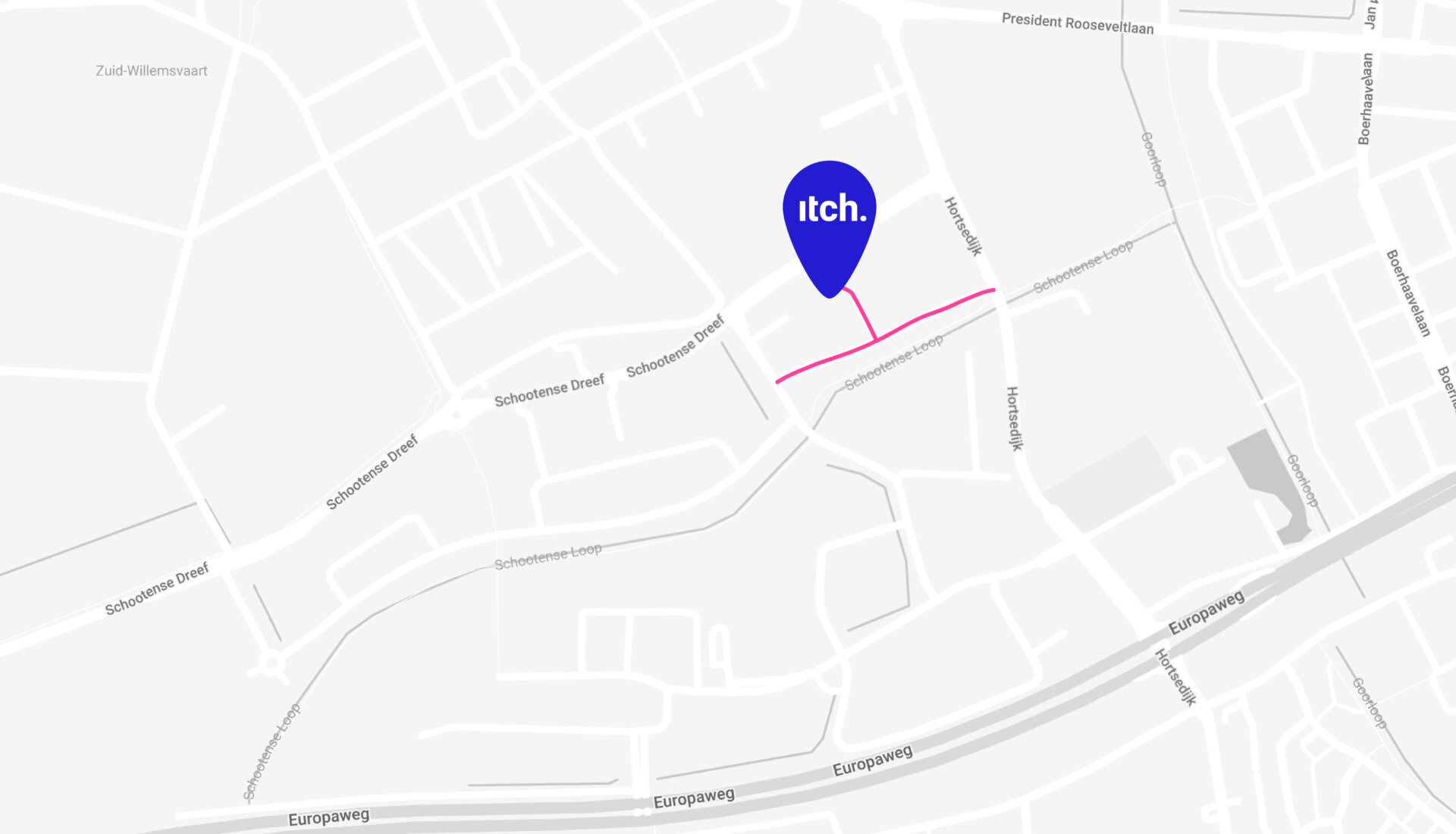 Kaart met in roze gemarkeerde route naar kantoor van Itch