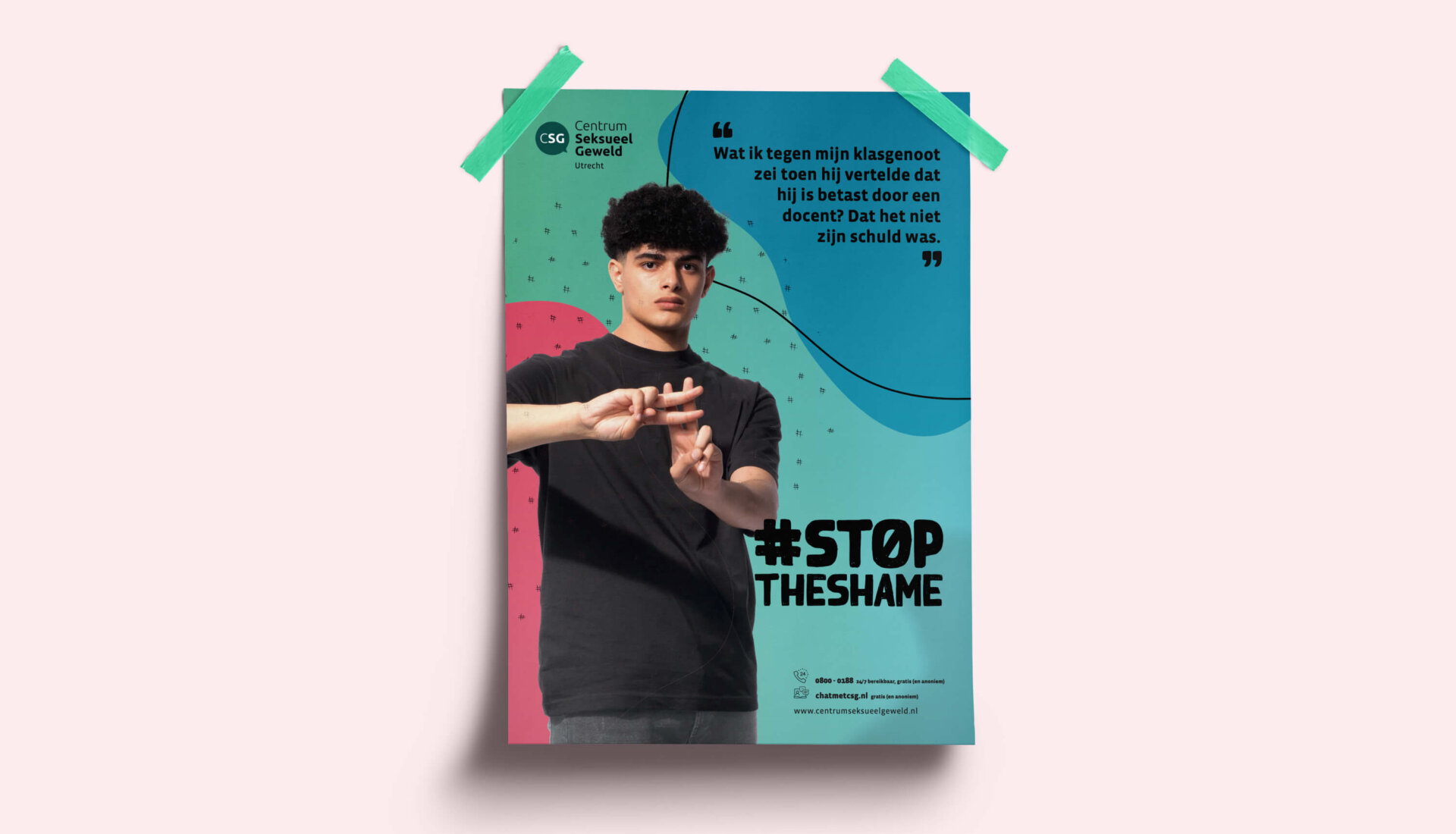 Poster voor de studentencampagne van CSG Utrecht, waarop een student met de handen een hashtag vormt en de campagneboodschap #stoptheshame