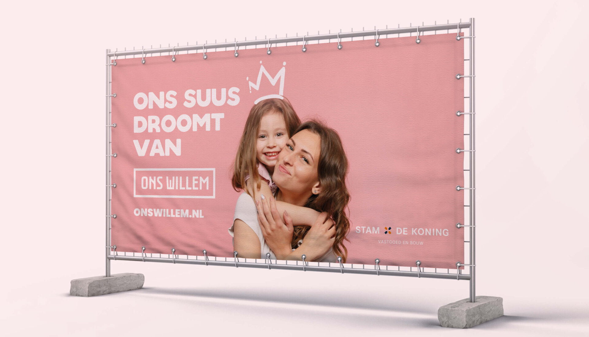 Bouwhekbanner in stijl van teasercampagne voor nieuwbouwproject Ons Willem