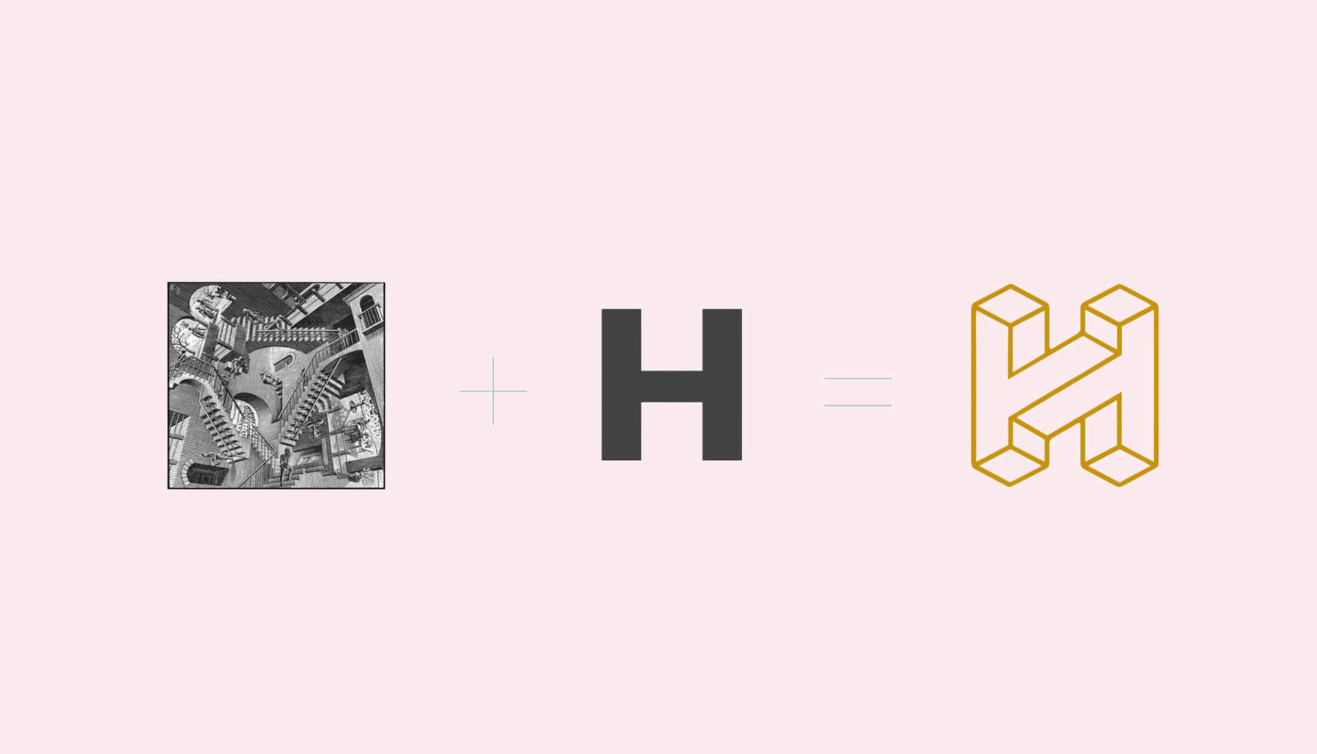Visual met de trappen van Esscher en een hoofdletter H, die de ontwikkeling van het logo voor Ons Huys illustreren